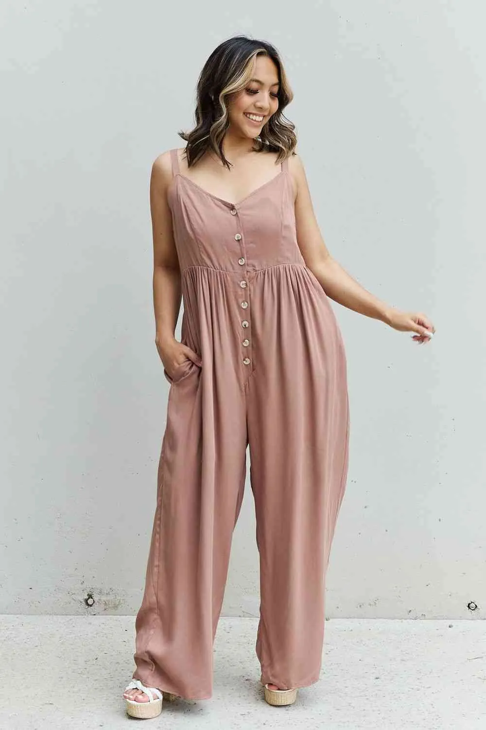 All Day Full Size Wide Leg Button Down Jumpsuit in Mocha