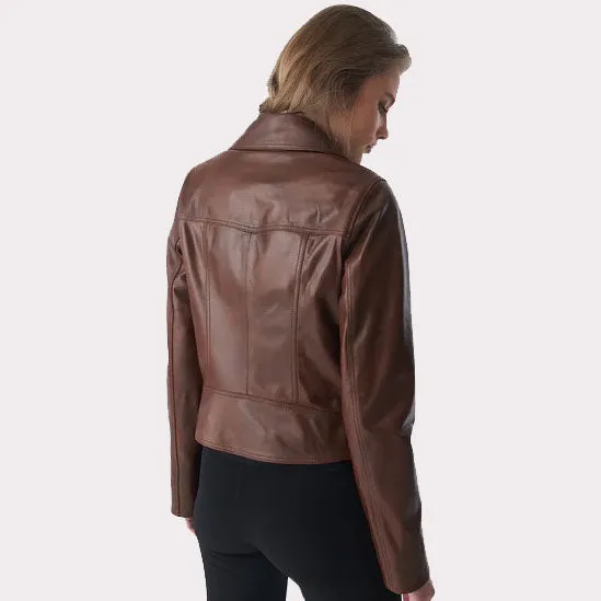 Antique Tan Brown Women's Classic Biker Leather Jacket