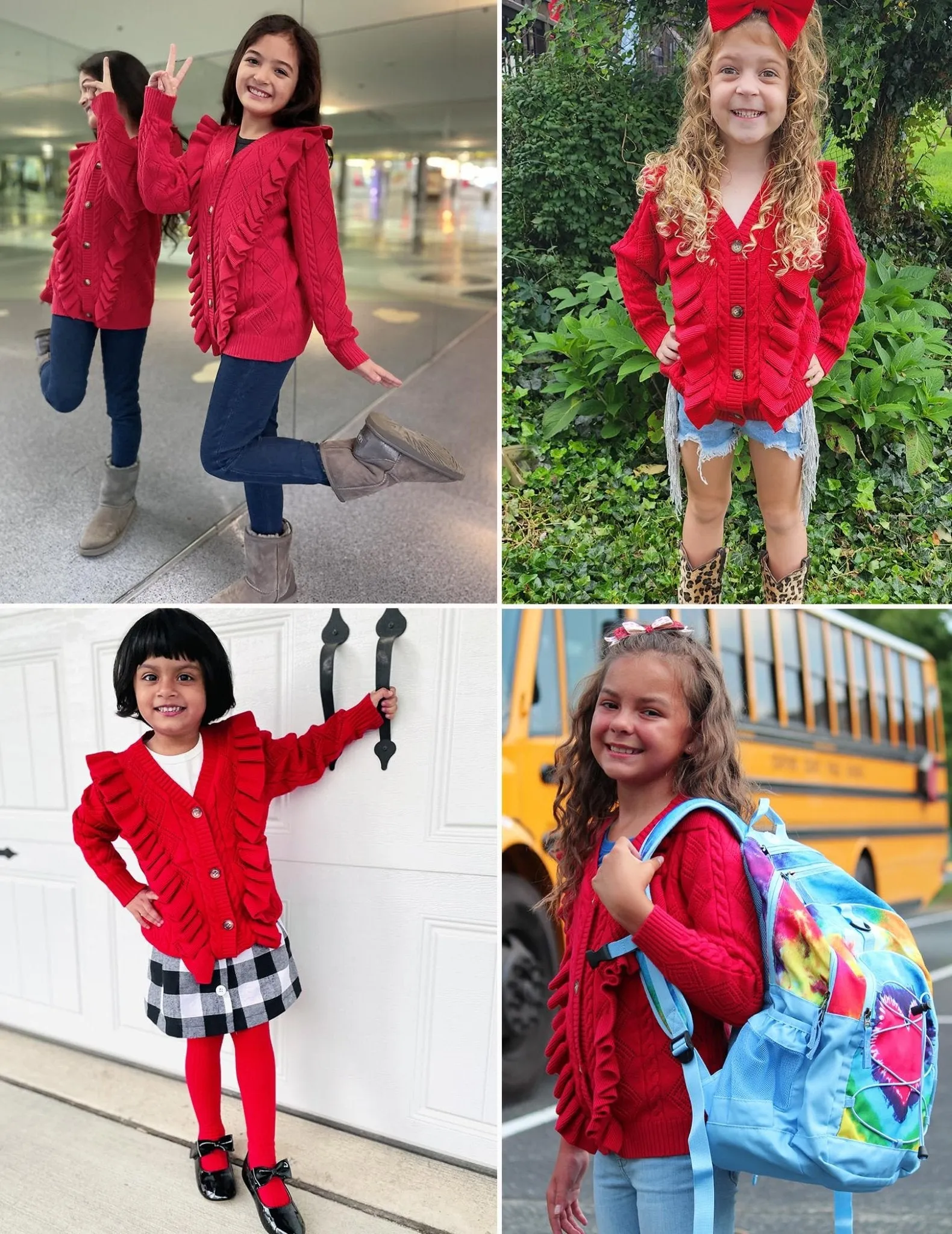 Arshiner Girls School Uniform Cardigan Sweater V Neck Ruffle Trim Cable Knit Fashion Cute Sweater Outwear Button Down Pointelle Knitted Tops Clothes Wine Red for 12-13 Years