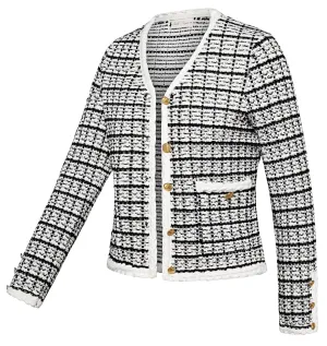 Belle Poque Women Cardigan Sweaters Tweed Jacket V Neck Sweater Blazer with Button for Fall Spring White and Black XL