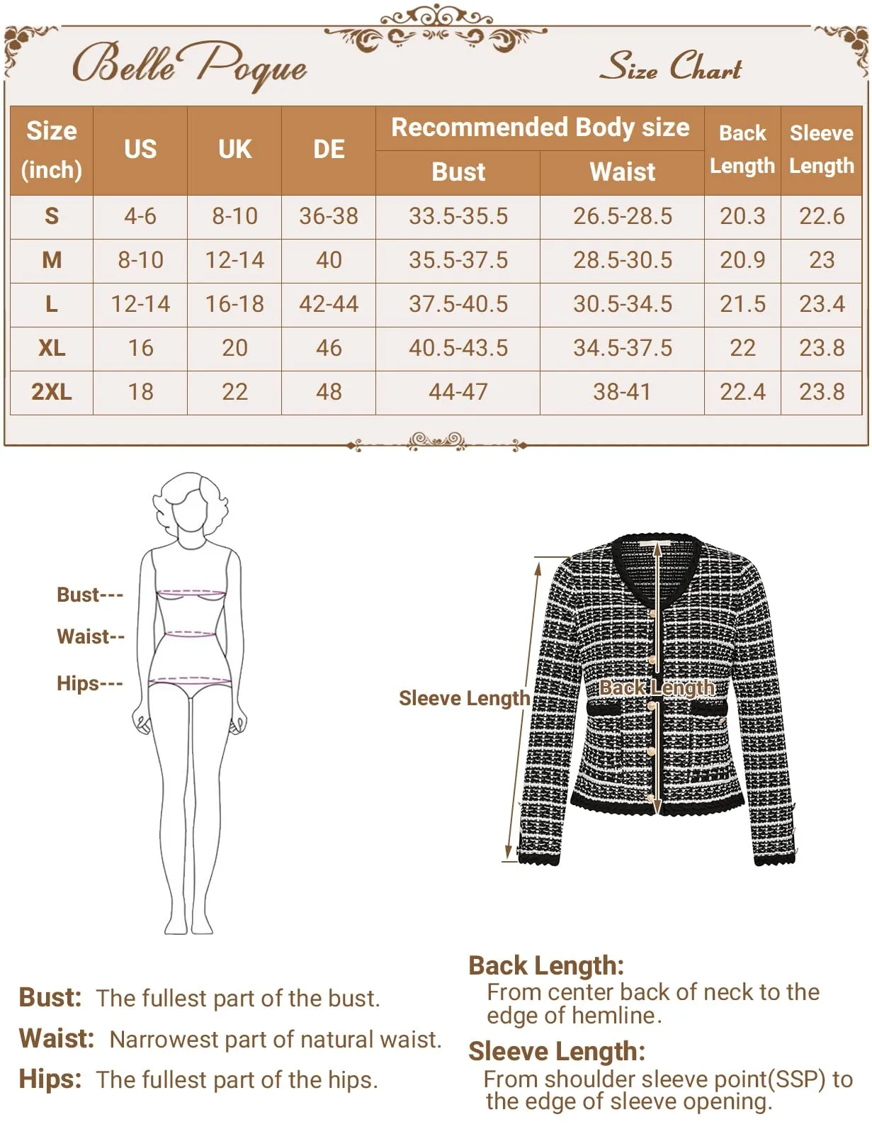 Belle Poque Women Cardigan Sweaters Tweed Jacket V Neck Sweater Blazer with Button for Fall Spring White and Black XL