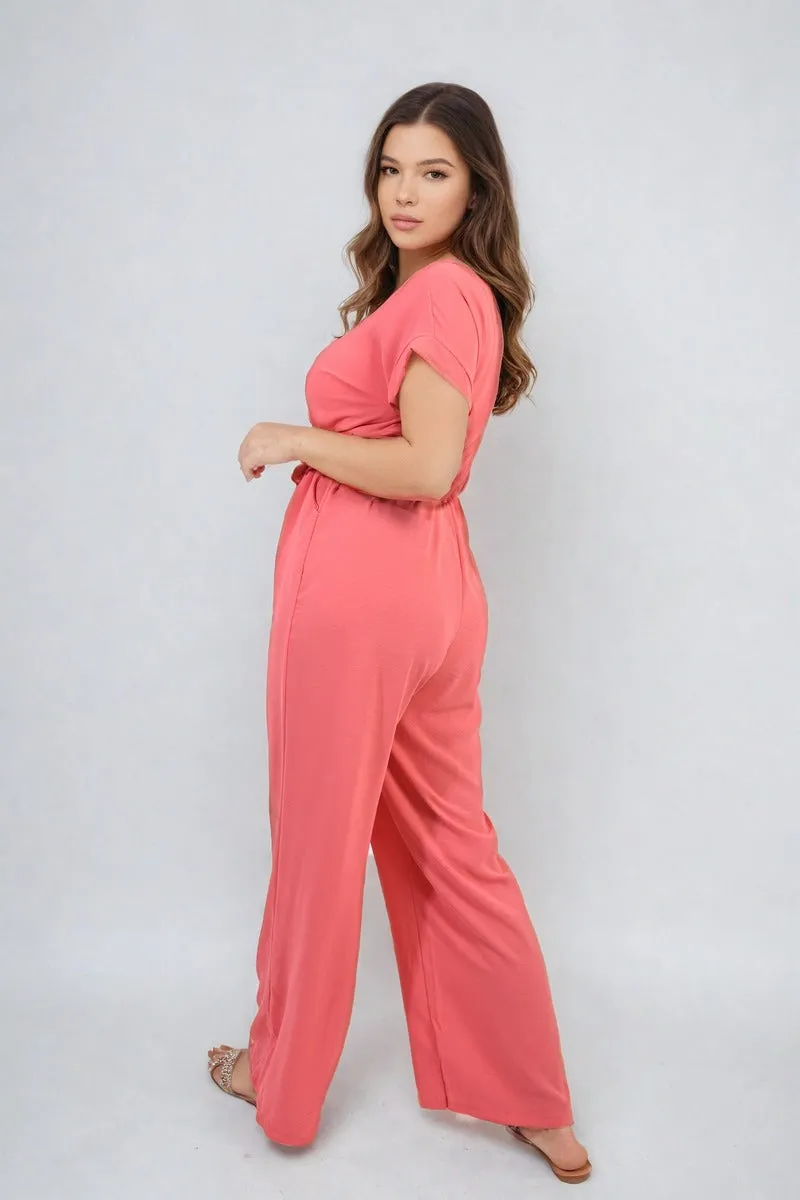 Belted V Neck Jumpsuit with Side Pockets