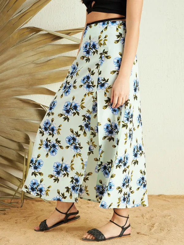 Berrylush Women Green & Blue Floral Printed High-Rise Waist Straight Hem Thigh-High Slit A-Line Midi Skirt