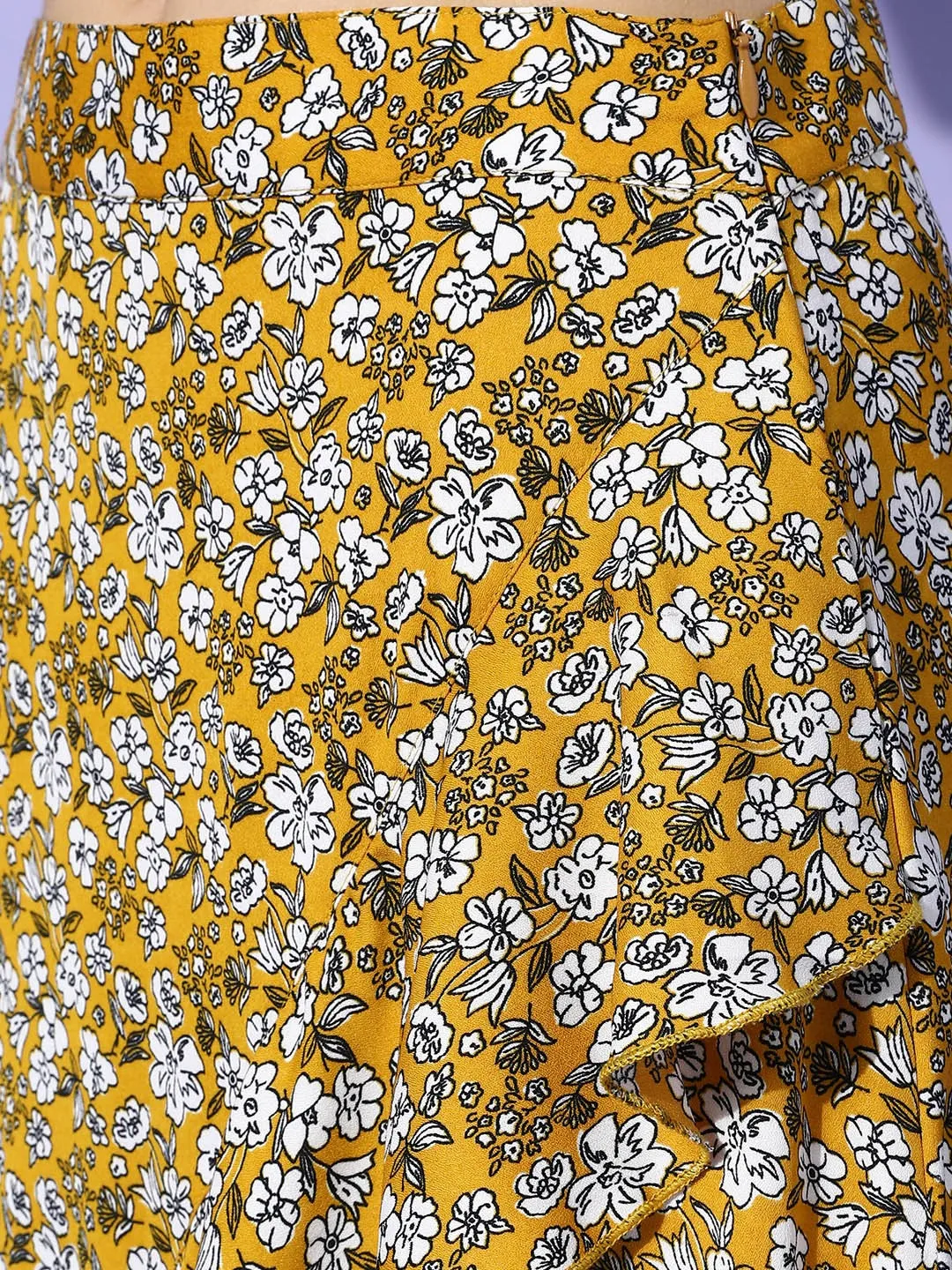 Berrylush Women Mustard Yellow Floral Print Ruffled Hem Wrap Skirt