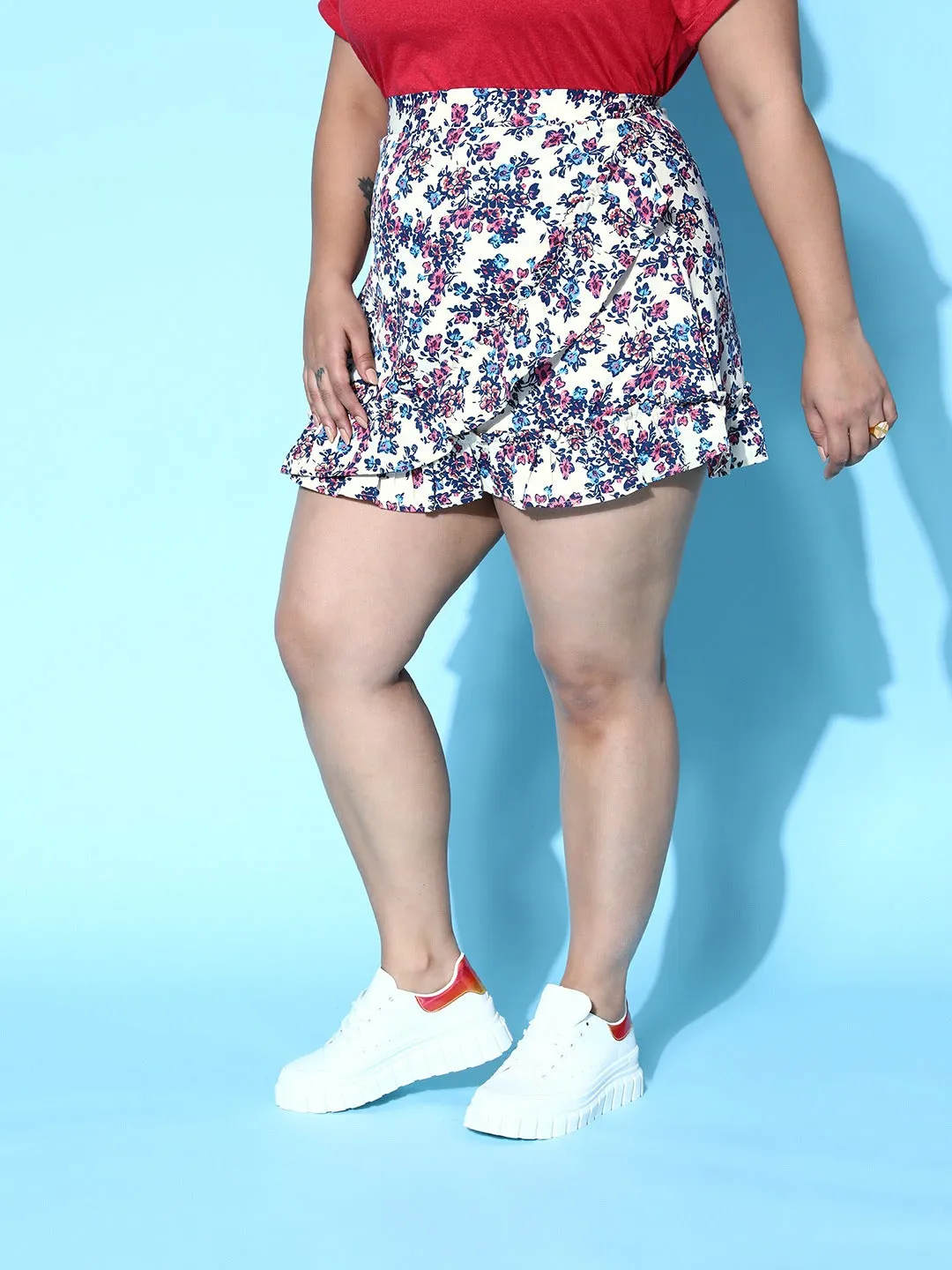 Berrylush Women Plus Size White & Blue Floral Printed Elastic Waist Ruffled A-Line Mini Skirt