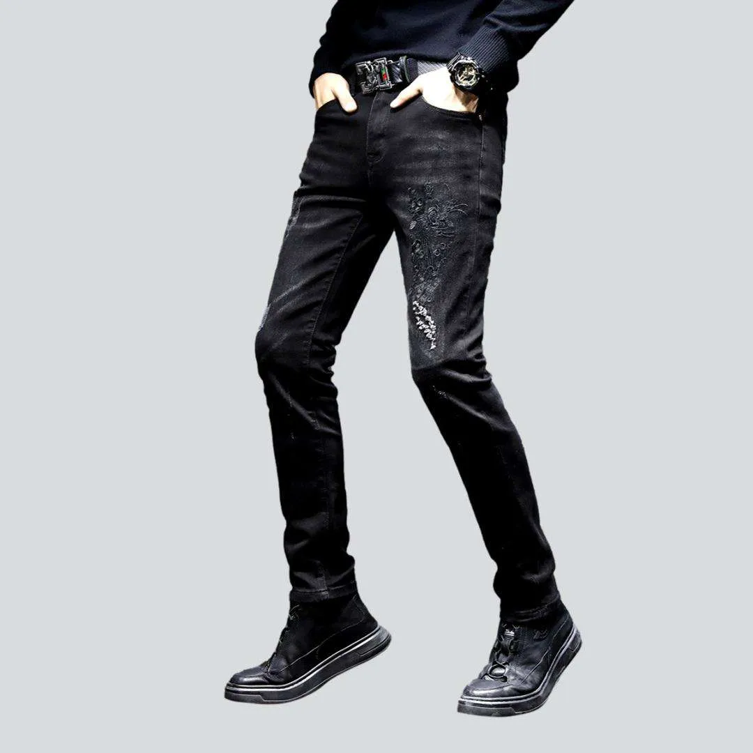 Black embroidered jeans for men