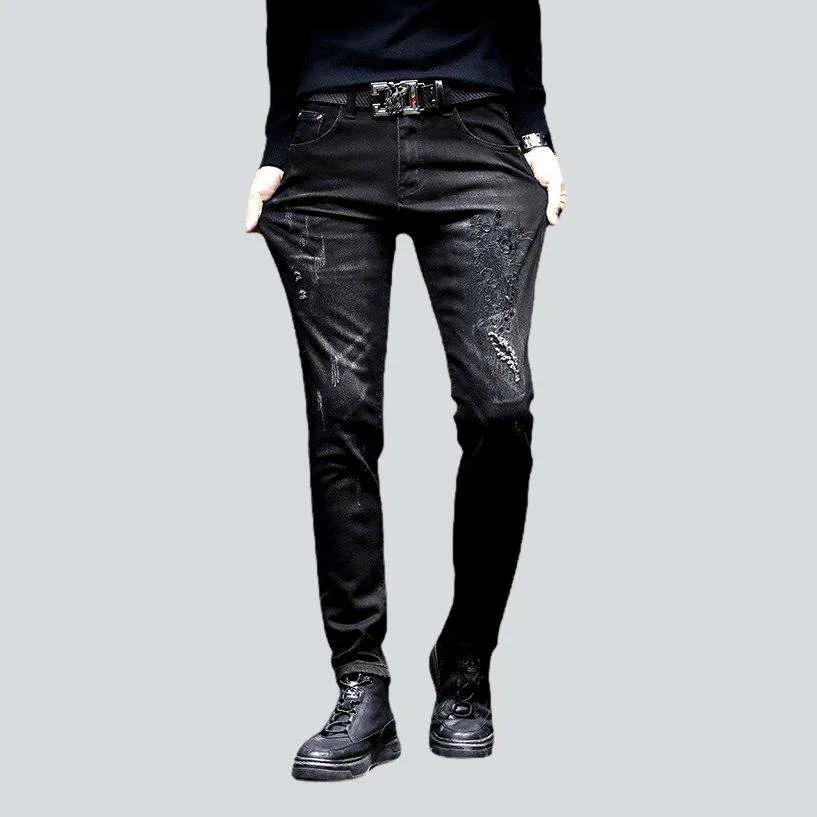 Black embroidered jeans for men