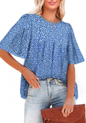 Blue Floral Women's Casual Floral Print Short Sleeve Flowy Babydoll Tops