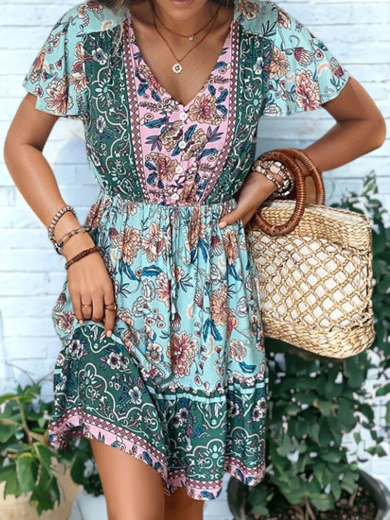 Bohemian Style V-Neck Mini Dress