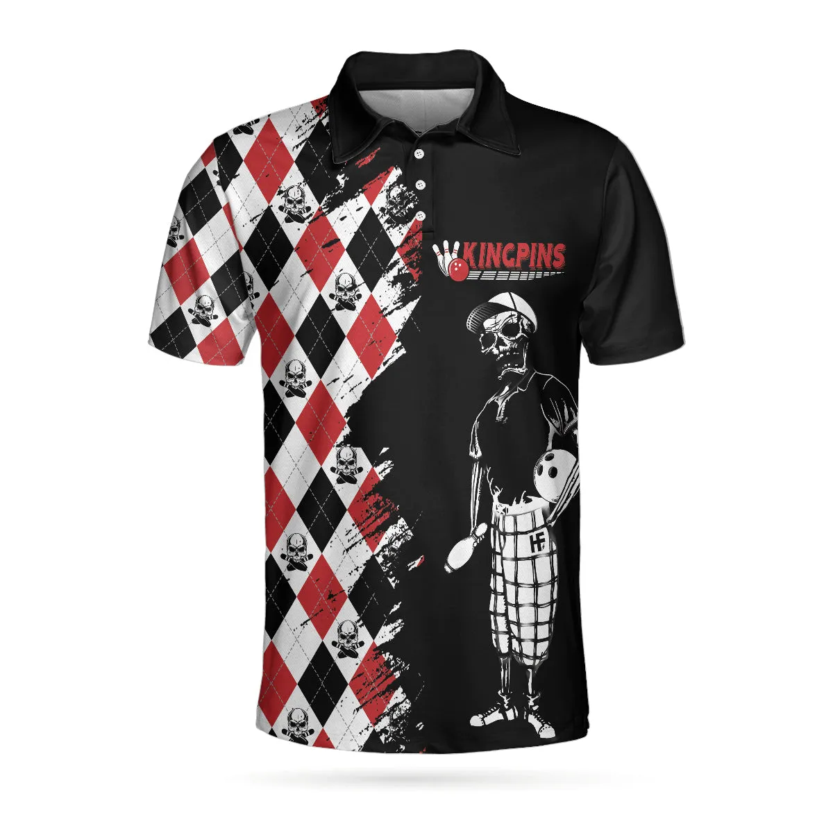 Bowling Red Black White Skull Pattern Short Sleeve Polo Shirt, Argyle Pattern Polo Shirt, Best Bowling Shirt For Men Coolspod