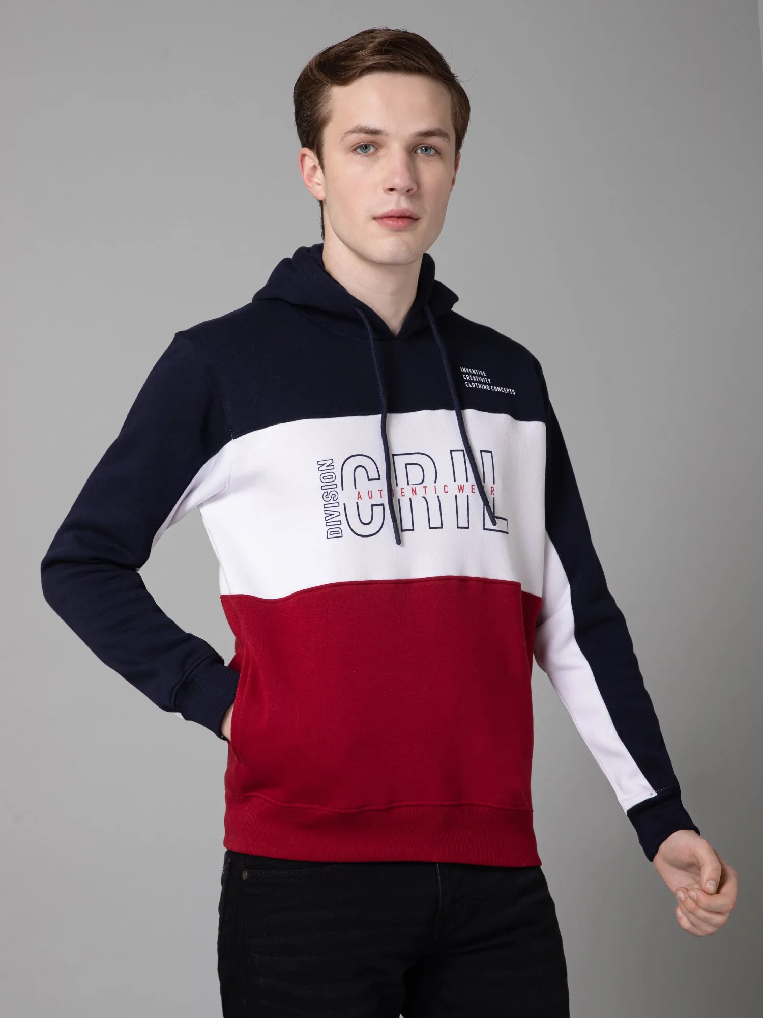 Color-Blocked  Red Full Sleeves Hooded Neck Regular Fit Casual Sweatshirt for Men