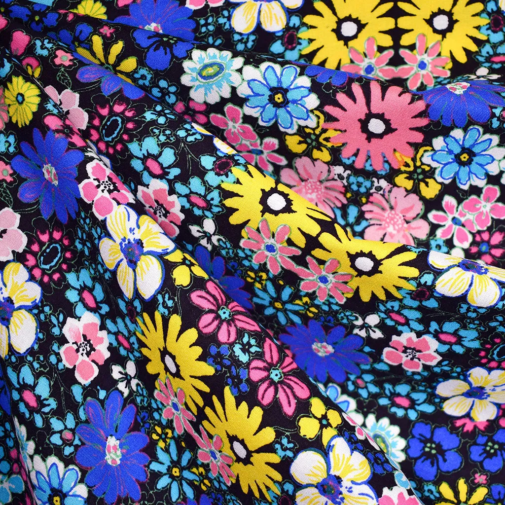 Colorful Packed Floral Rayon Challis Black/Multi