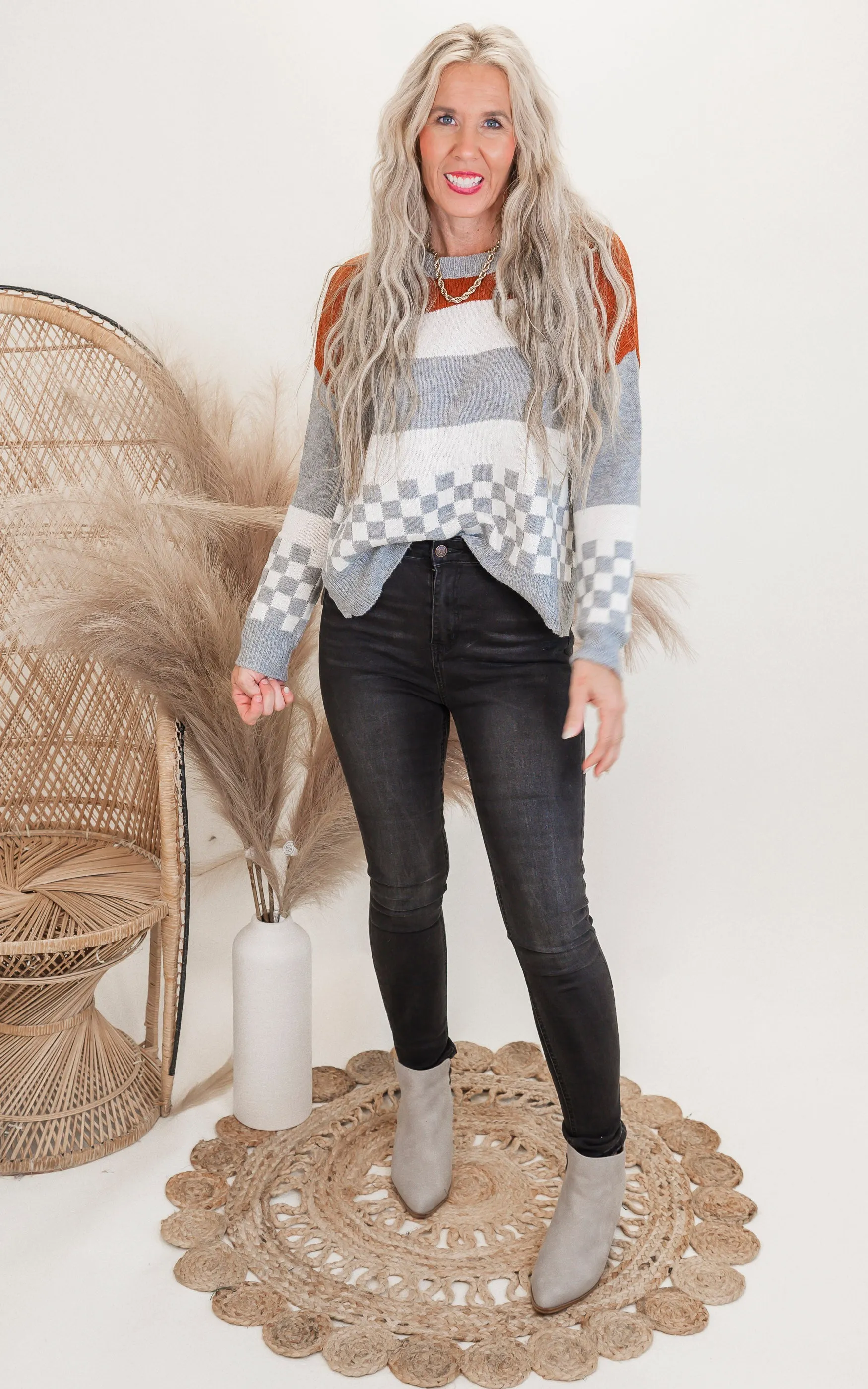 Copper Colorblock Checkerboard Sweater