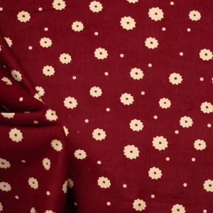 Cotton Corduroy Prints Design 31 Cream Florals on Dark Red