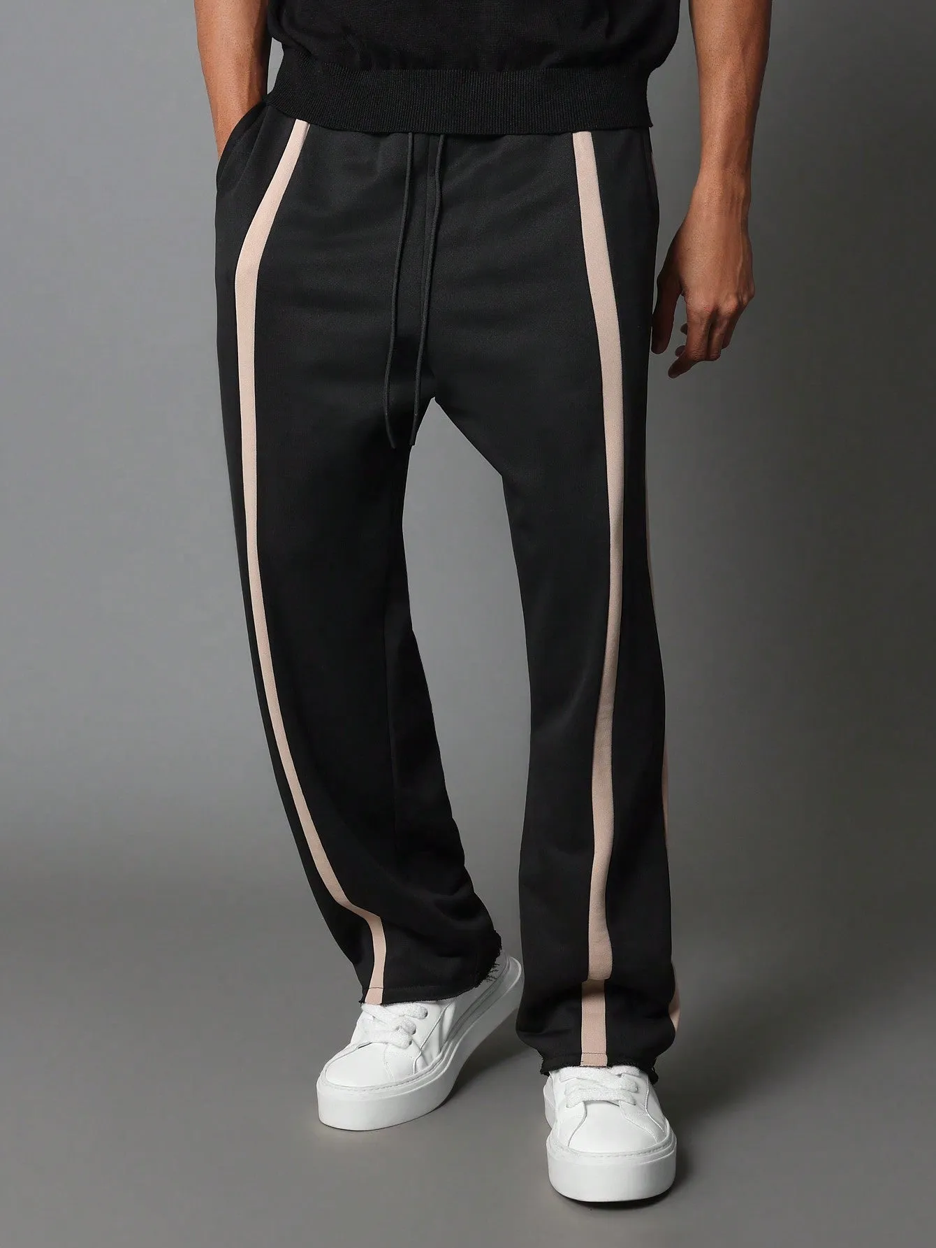 Drop Crotch Raw Edge Sweatpants With Stripe Panels