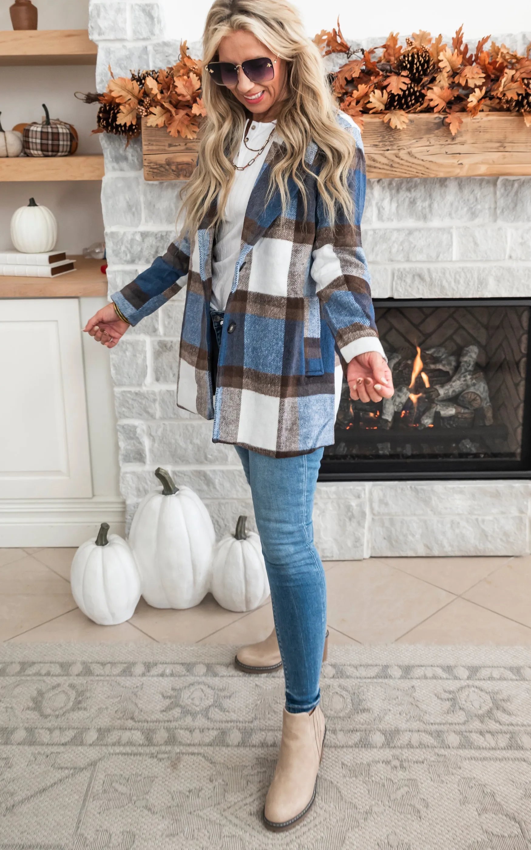 Earthy Blue Plaid Oversized Blazer