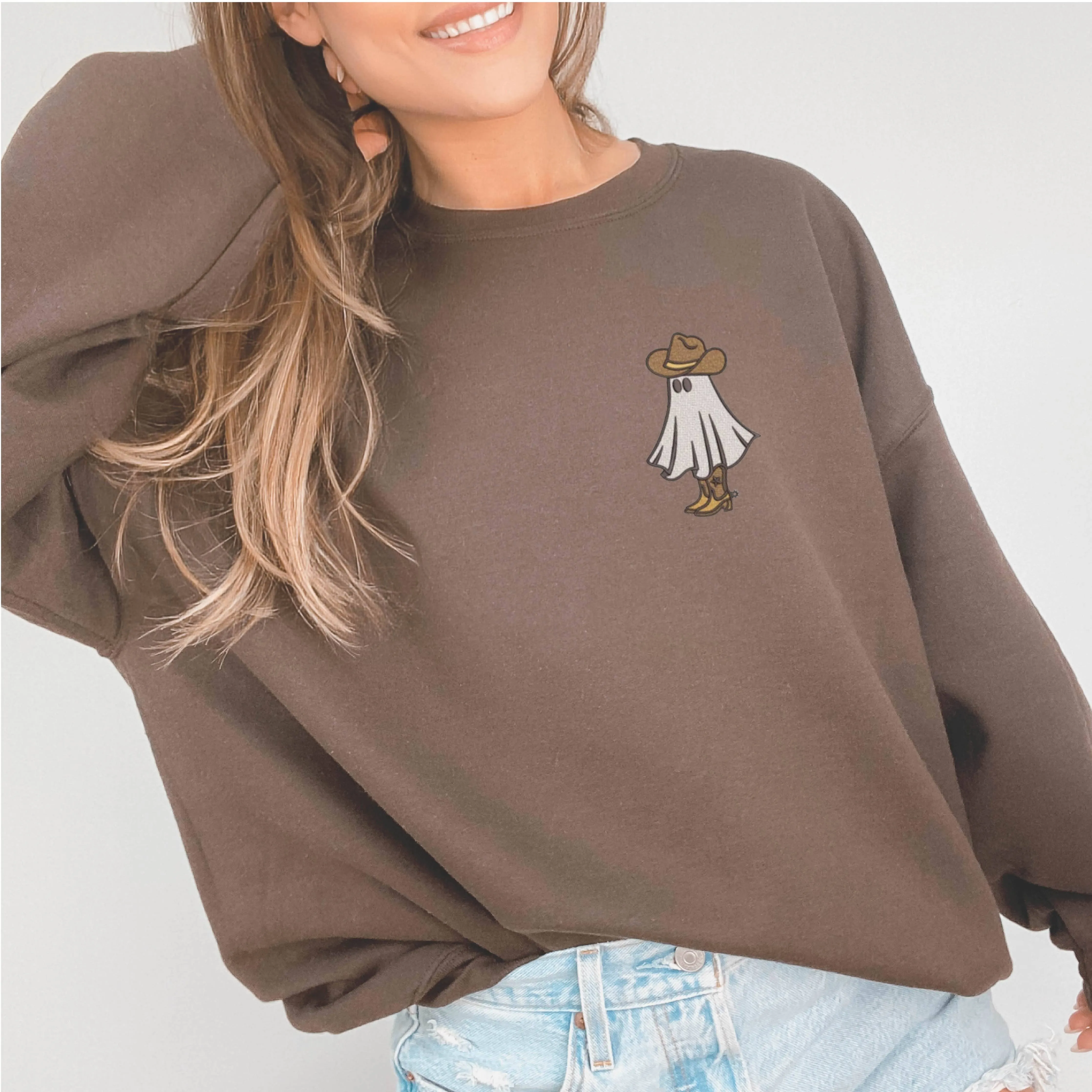 Embroidered Crewneck Sweatshirts for Halloween Western Ghost