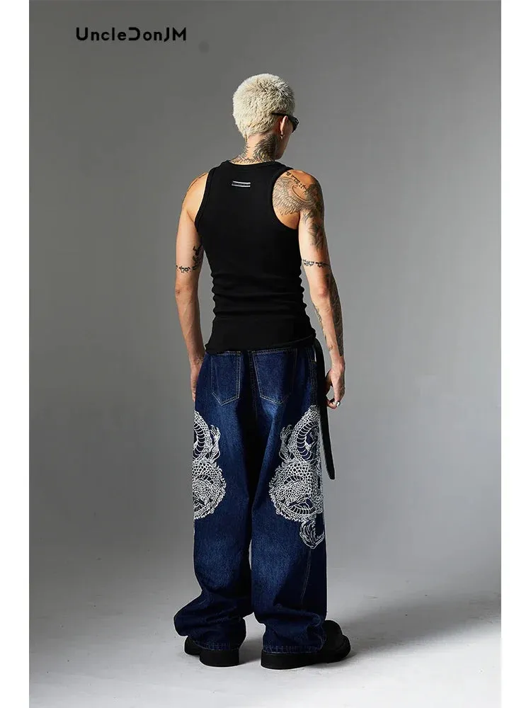 Embroidered Dragon Totem Baggy Jeans with Streetwear Style