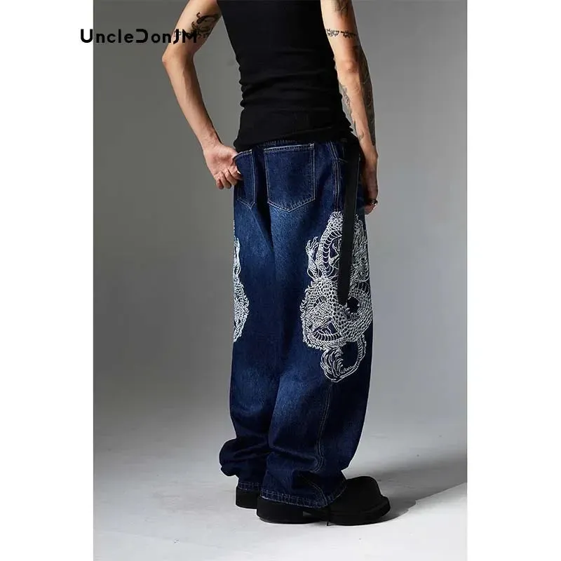 Embroidered Dragon Totem Baggy Jeans with Streetwear Style