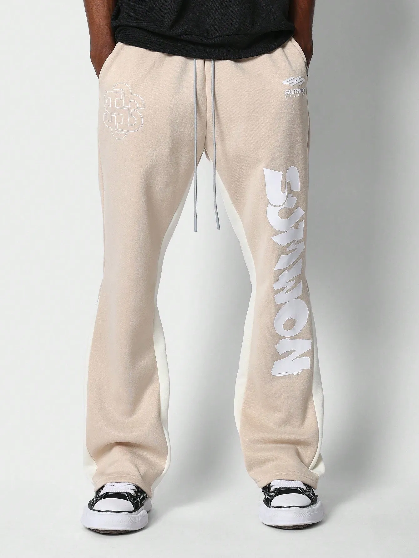 Flare Fit Jogger Pant With Graphic Print And Contrast Panels