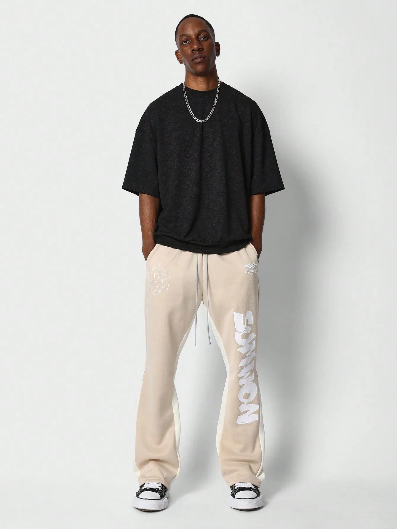 Flare Fit Jogger Pant With Graphic Print And Contrast Panels