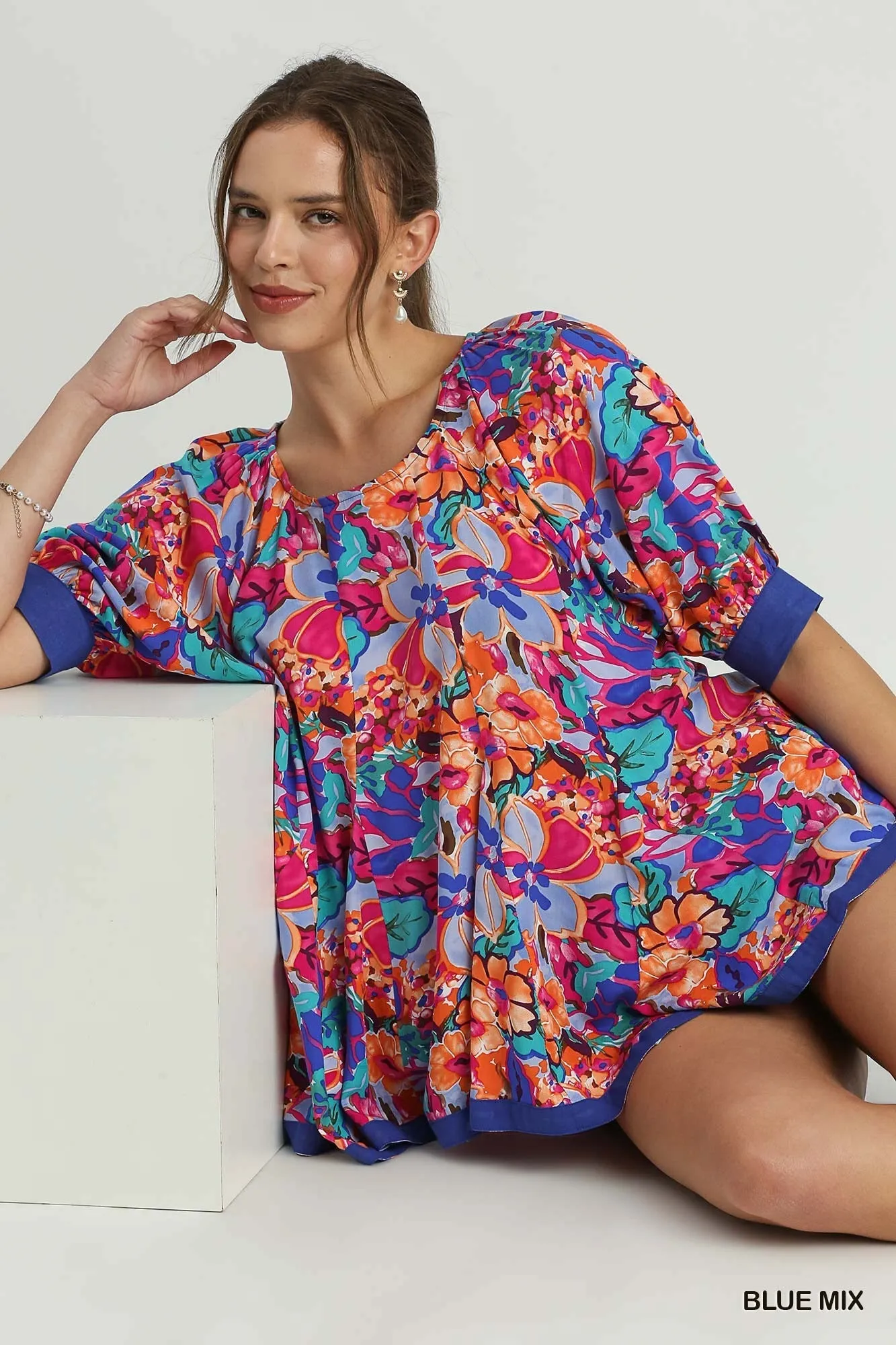 Floral Print Round Neck 3/4 Sleeve Pleated Baby Doll Top