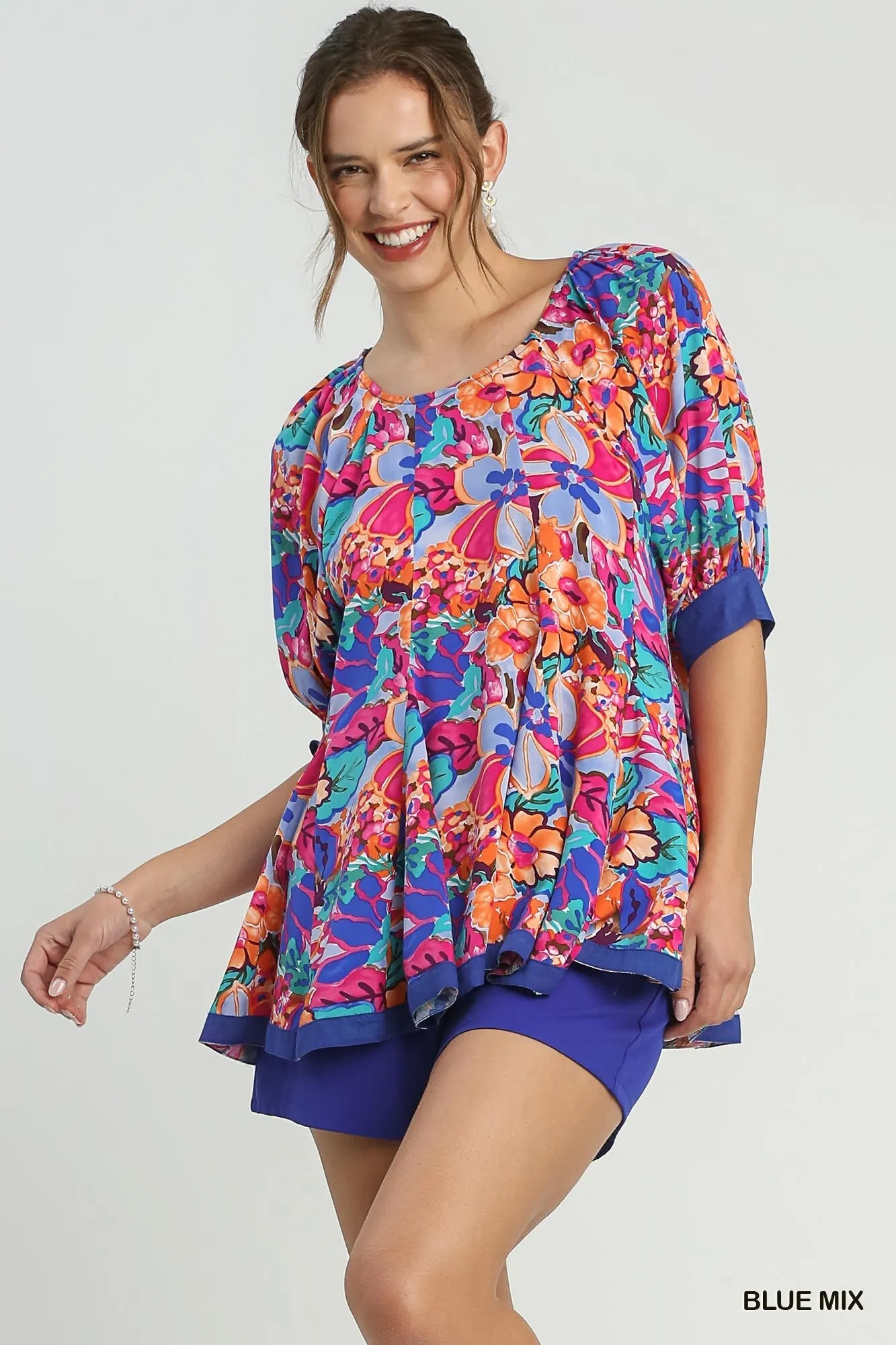 Floral Print Round Neck 3/4 Sleeve Pleated Baby Doll Top