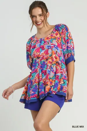 Floral Print Round Neck 3/4 Sleeve Pleated Baby Doll Top