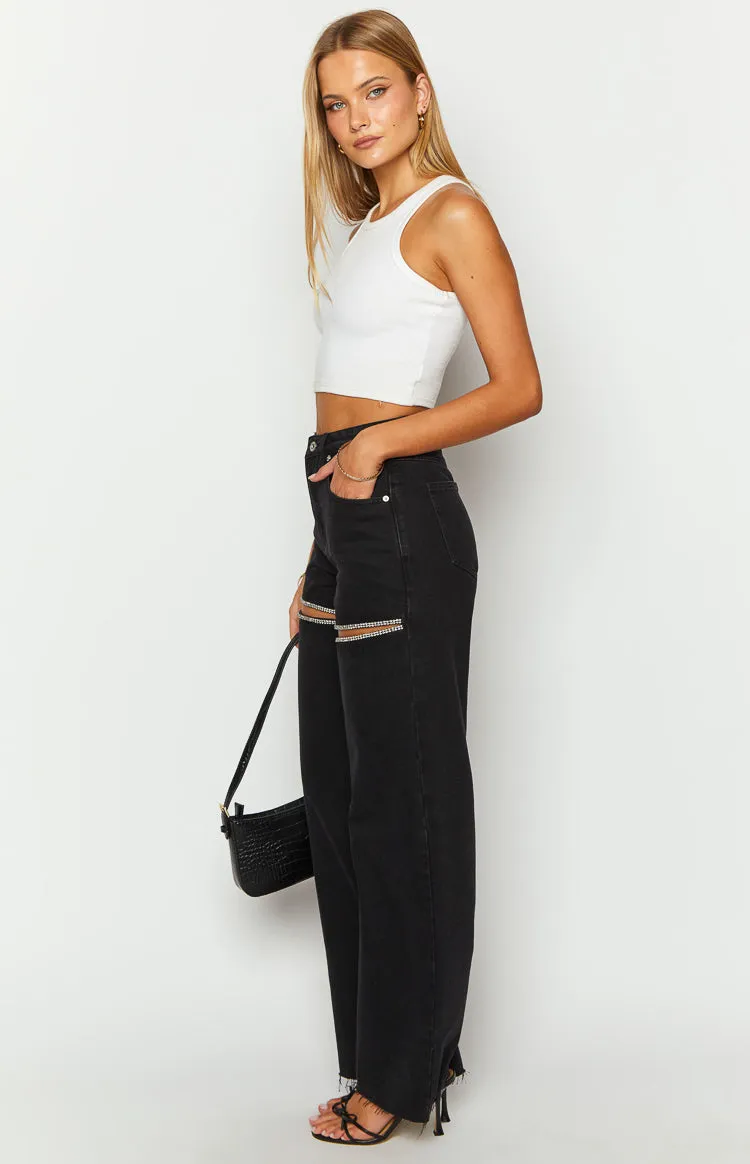 Gem Diamante Trim Wide Leg Black Denim Jeans