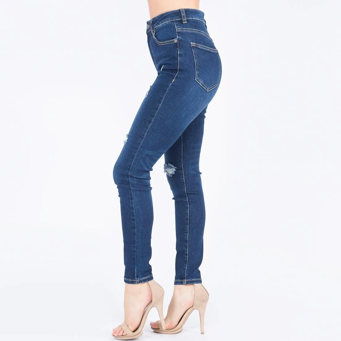 High Rise Distressed Dark Blue Jeans