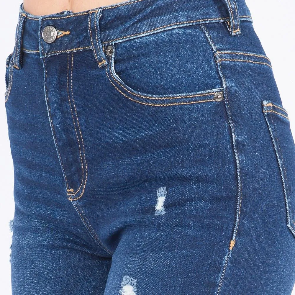 High Rise Distressed Dark Blue Jeans