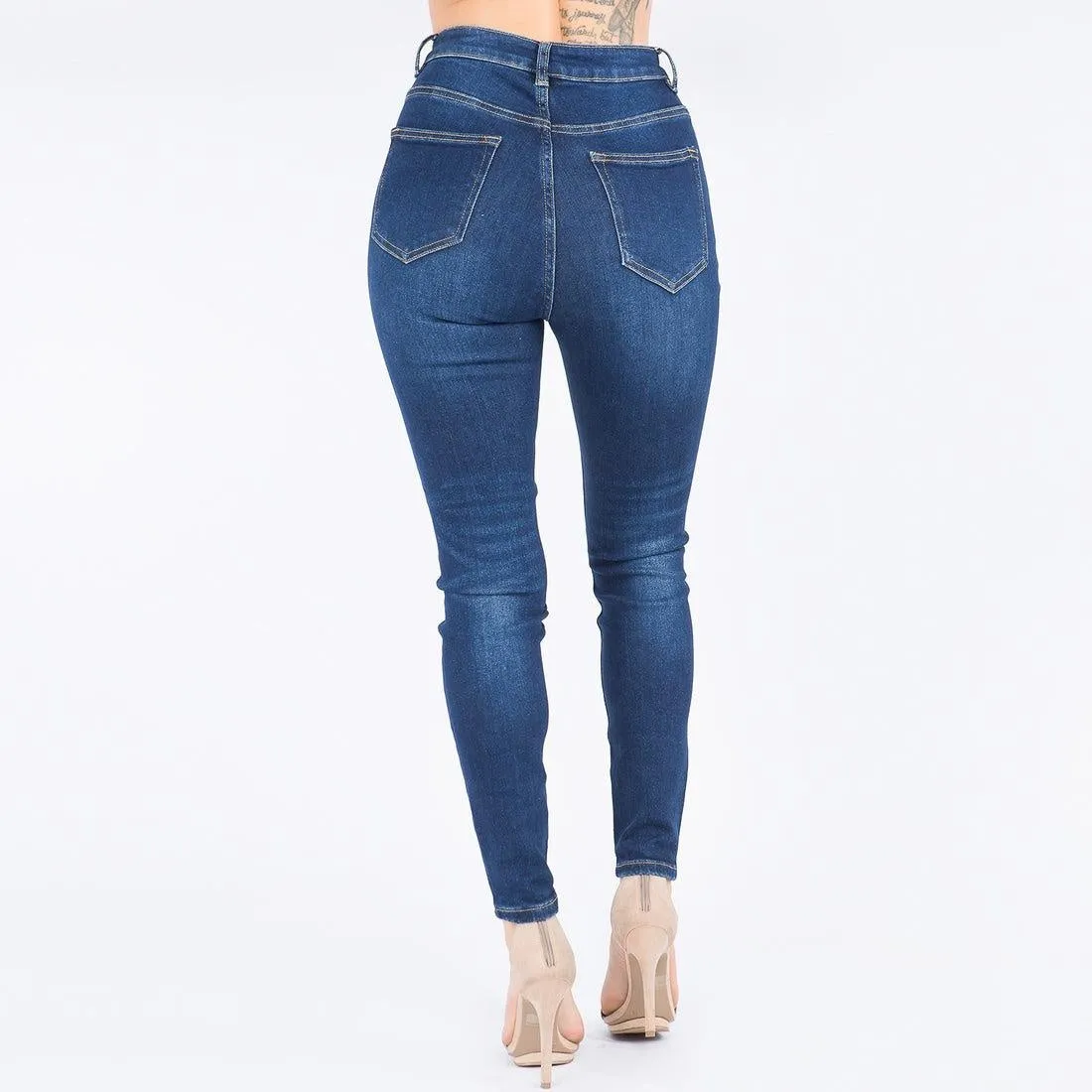 High Rise Distressed Dark Blue Jeans