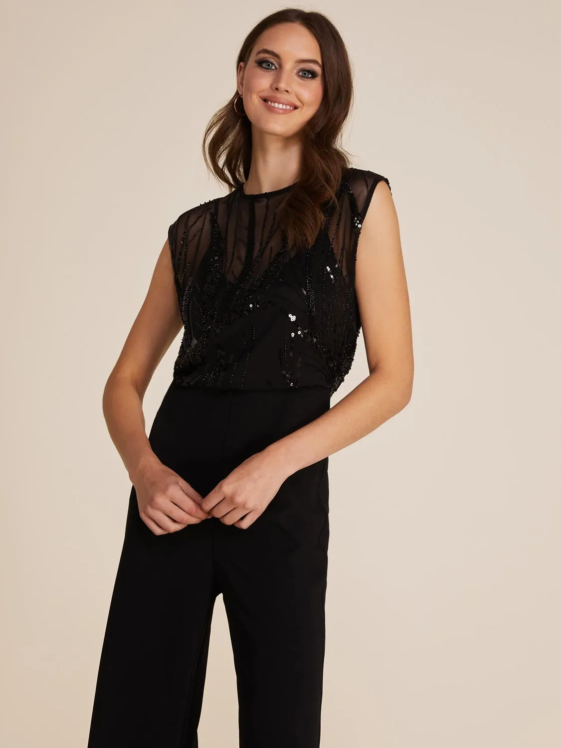 Illusion Sequin Top Straight Leg Jumpsuit