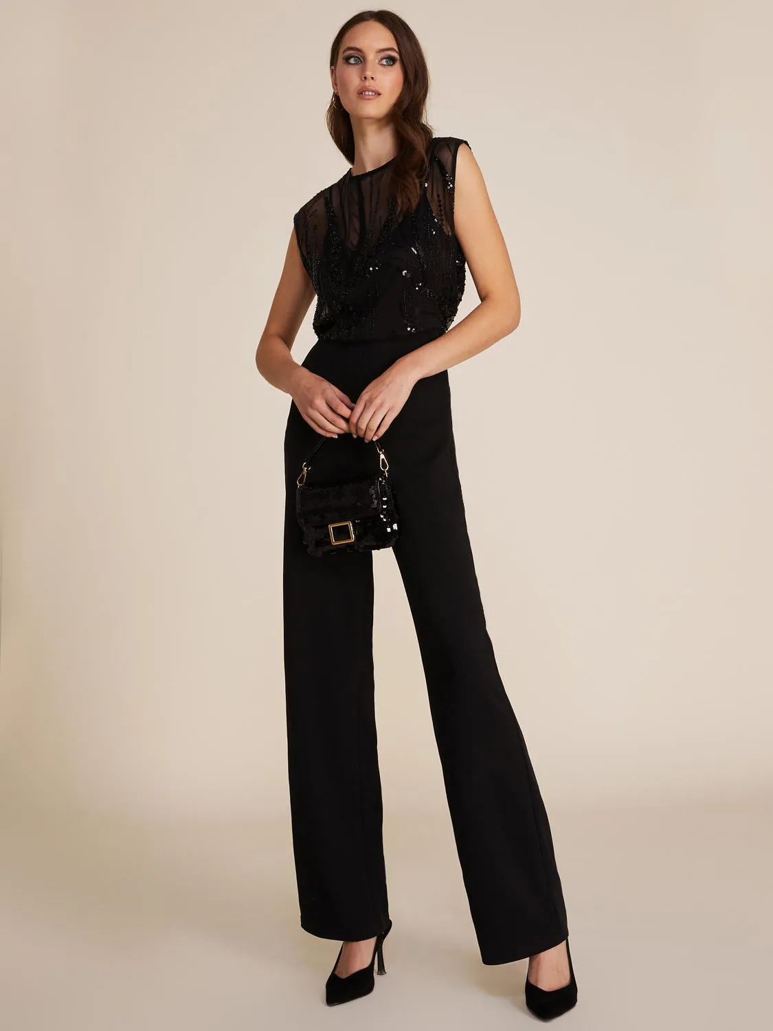 Illusion Sequin Top Straight Leg Jumpsuit