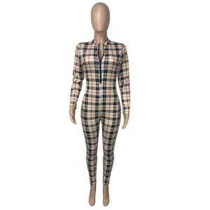 Jumpsuit Women Zipper Long-Sleeve Fashion Plaid Print Jumpsuit