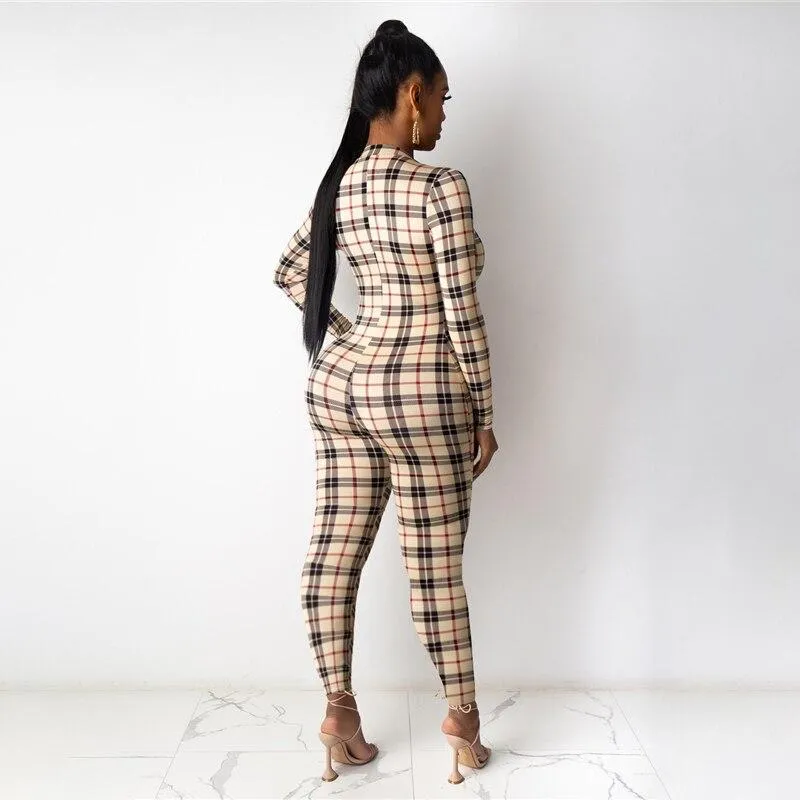 Jumpsuit Women Zipper Long-Sleeve Fashion Plaid Print Jumpsuit