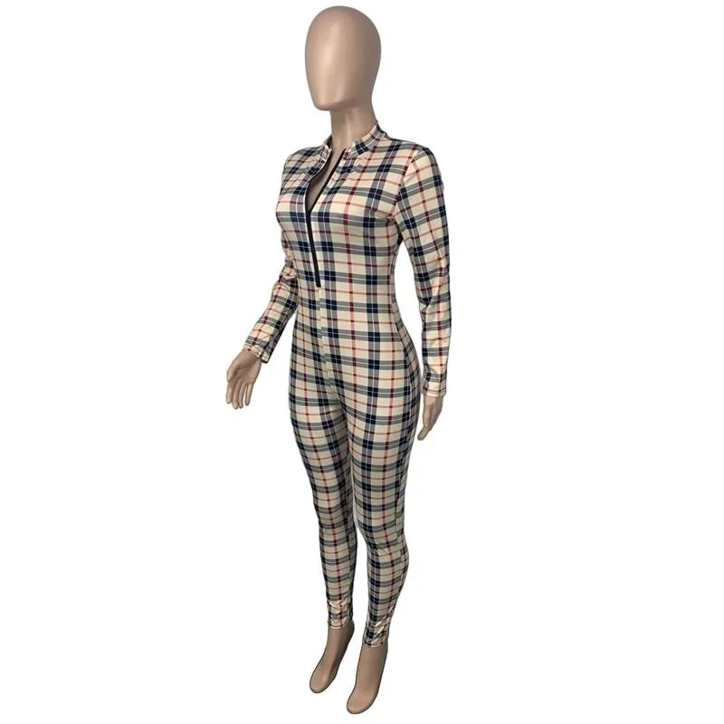 Jumpsuit Women Zipper Long-Sleeve Fashion Plaid Print Jumpsuit