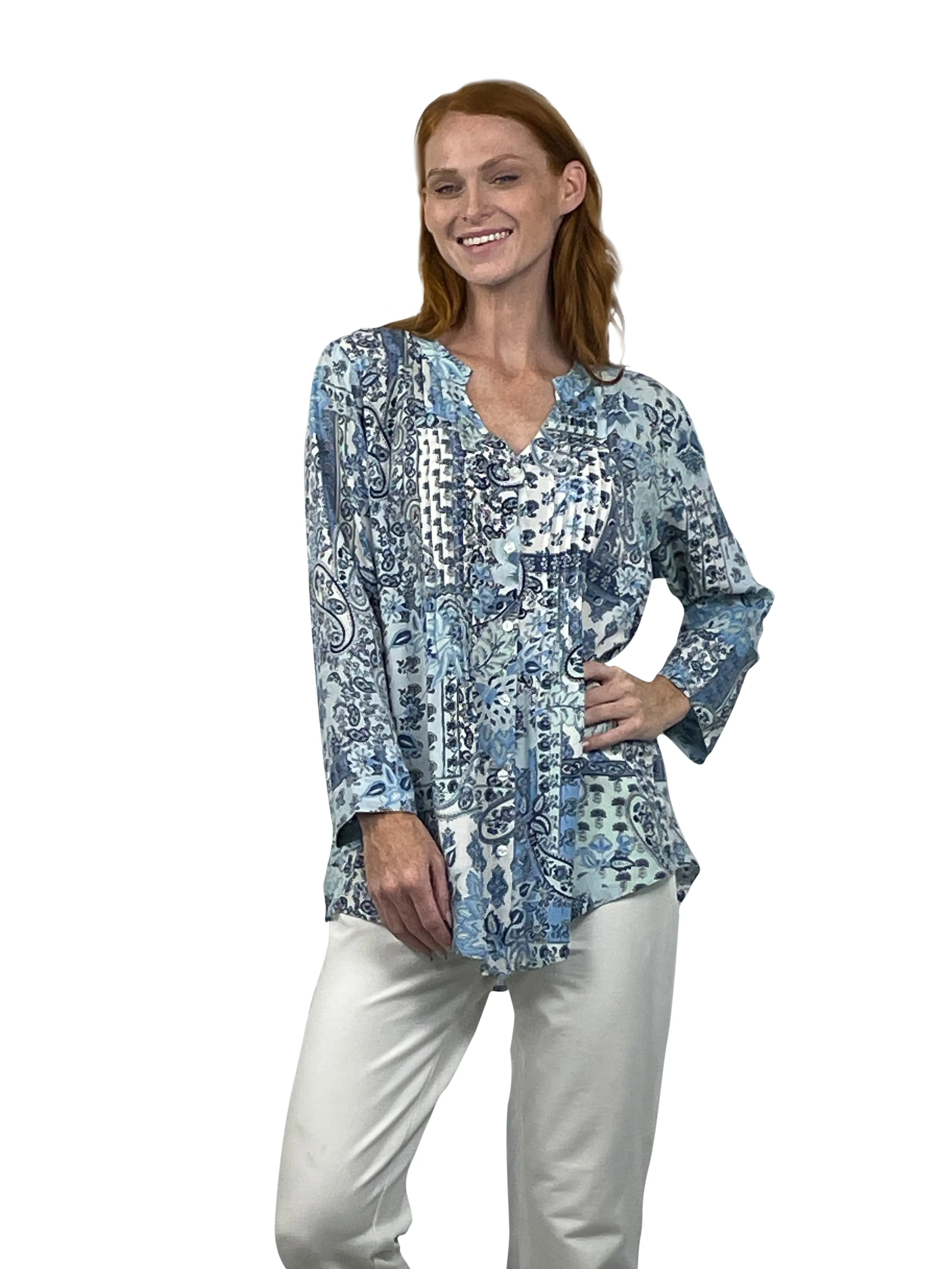 La Cera Patchwork Paisley Release Pleat Tunic