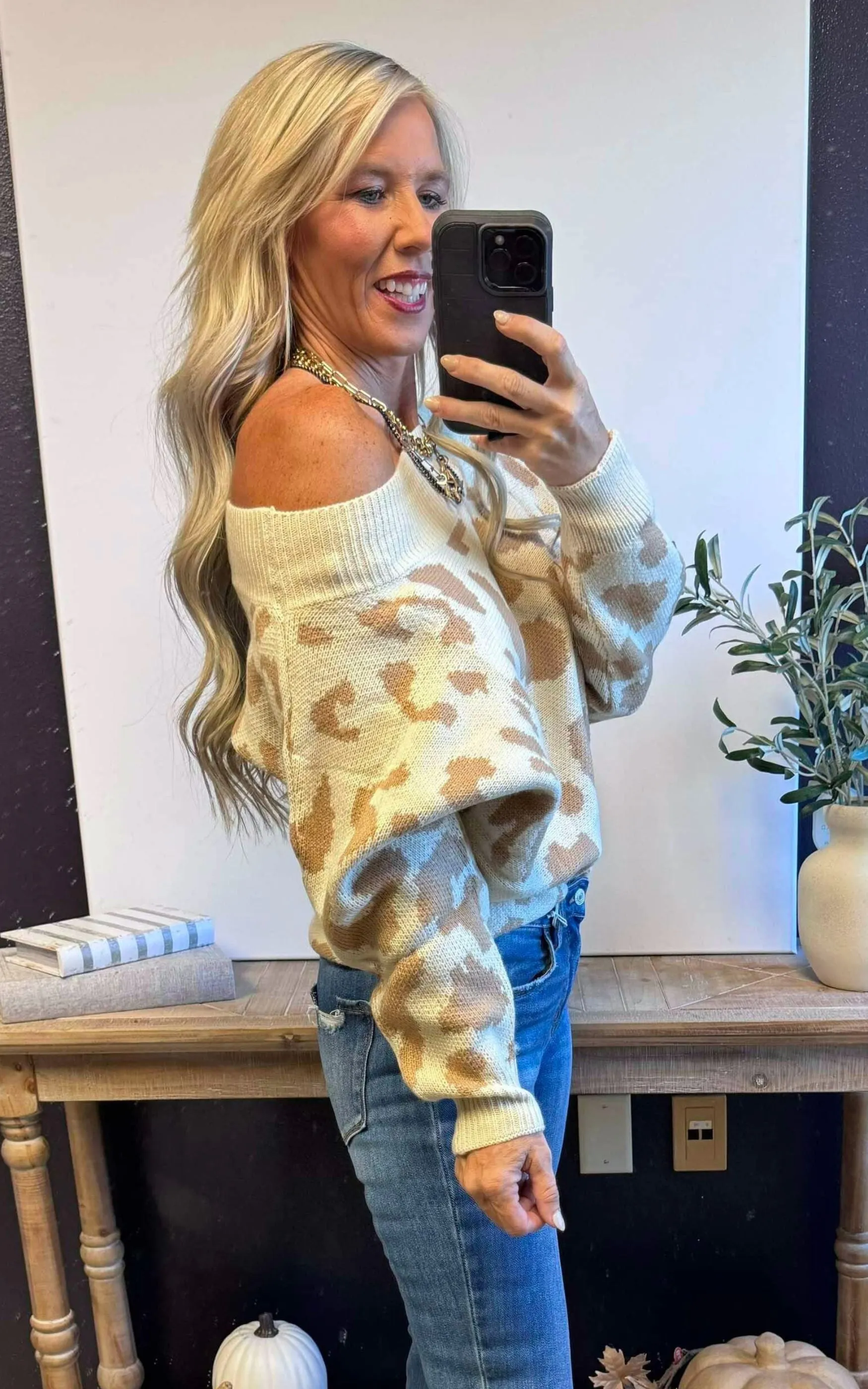 Leopard Off Shoulder Sweater Top