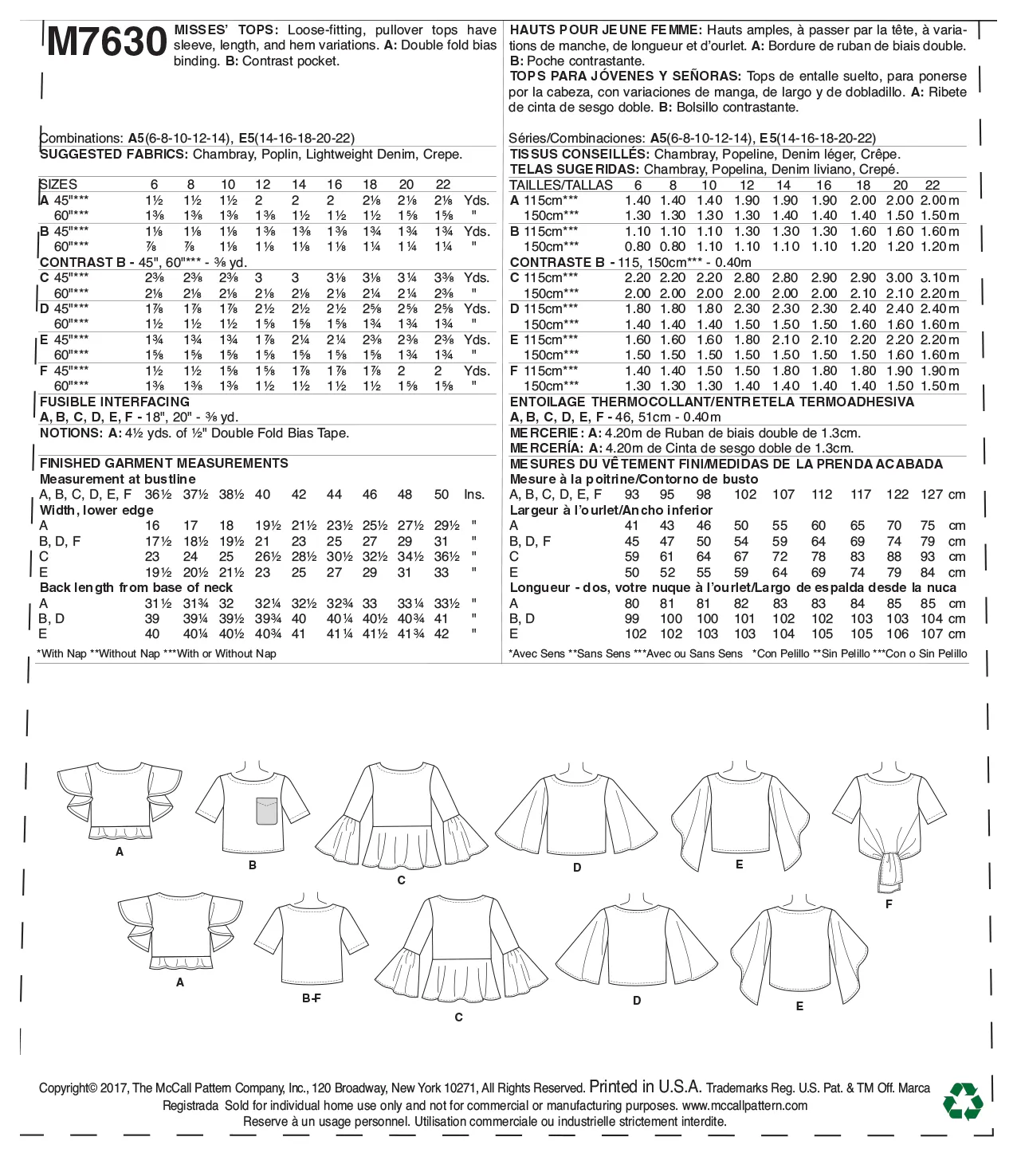 M7630 Misses' Tops with Sleeve and Hem Variations