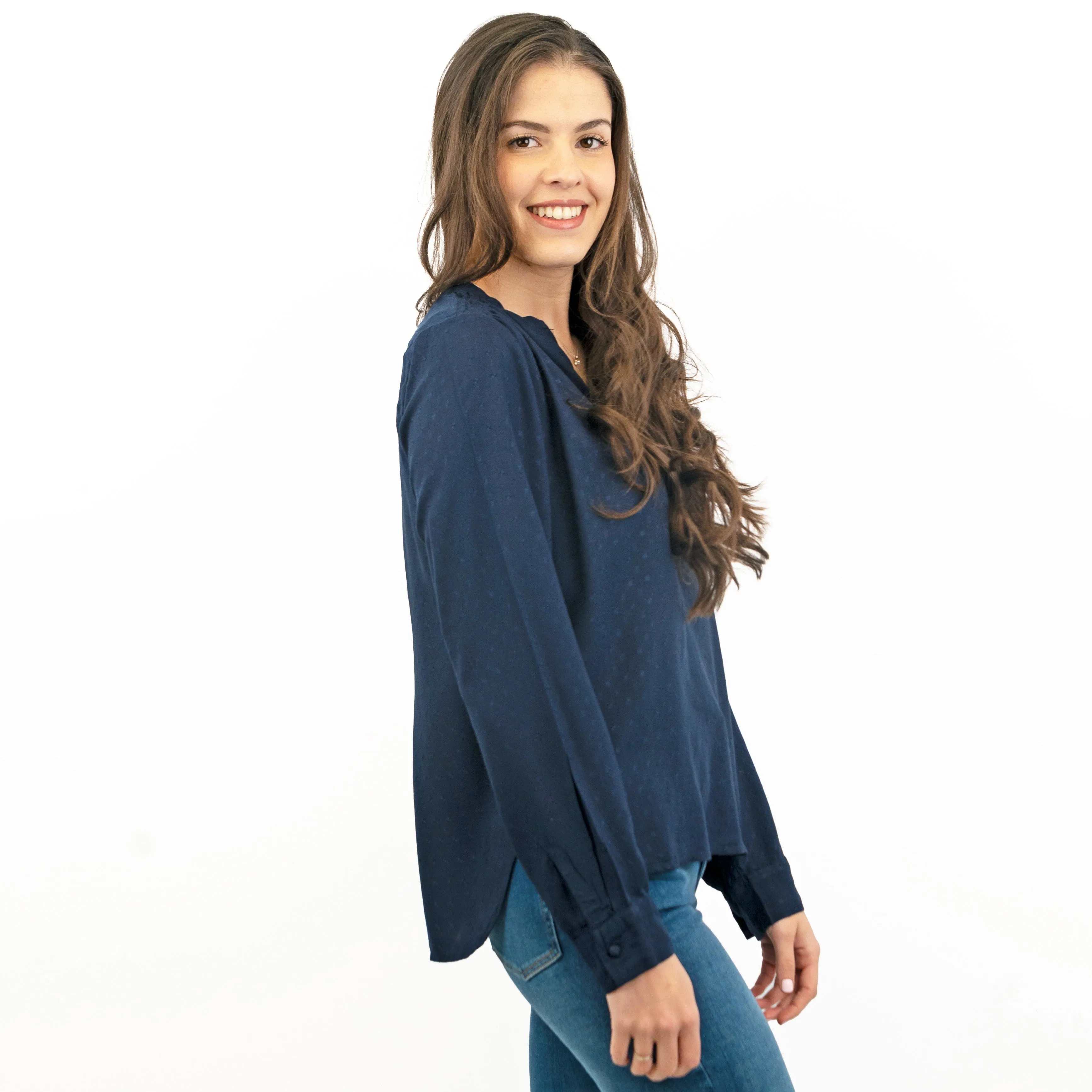 M&S Jacquard Navy Long Sleeve Lightweight Relaxed Fit Tops