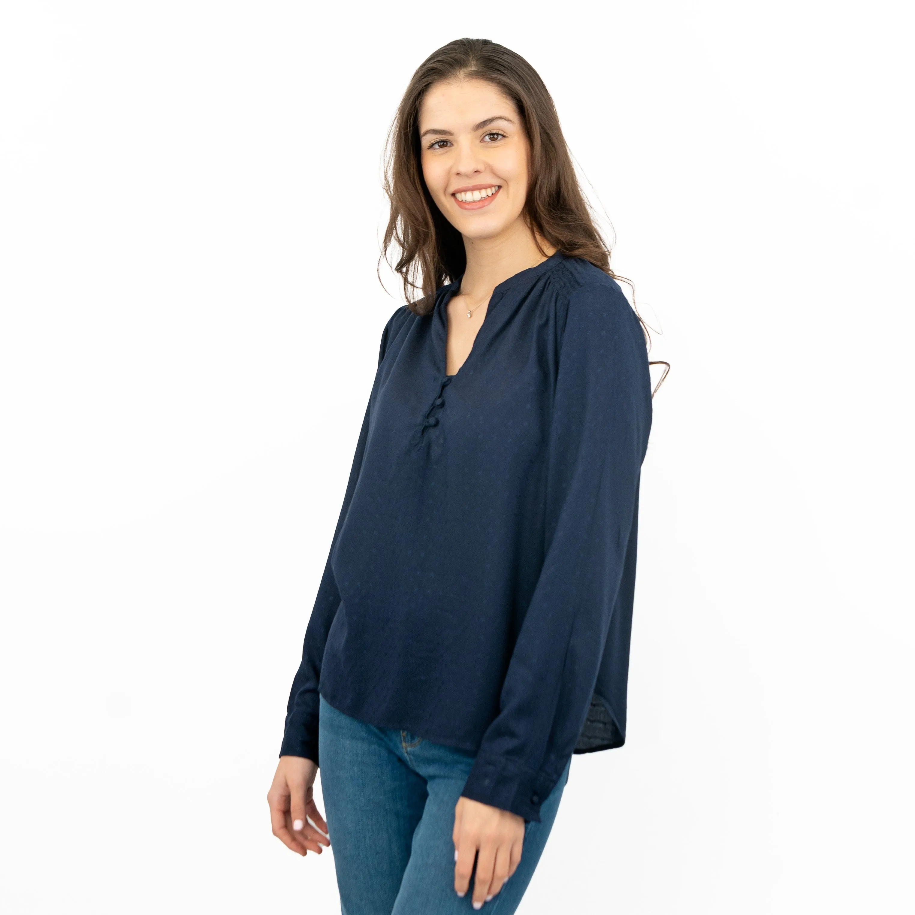 M&S Jacquard Navy Long Sleeve Lightweight Relaxed Fit Tops