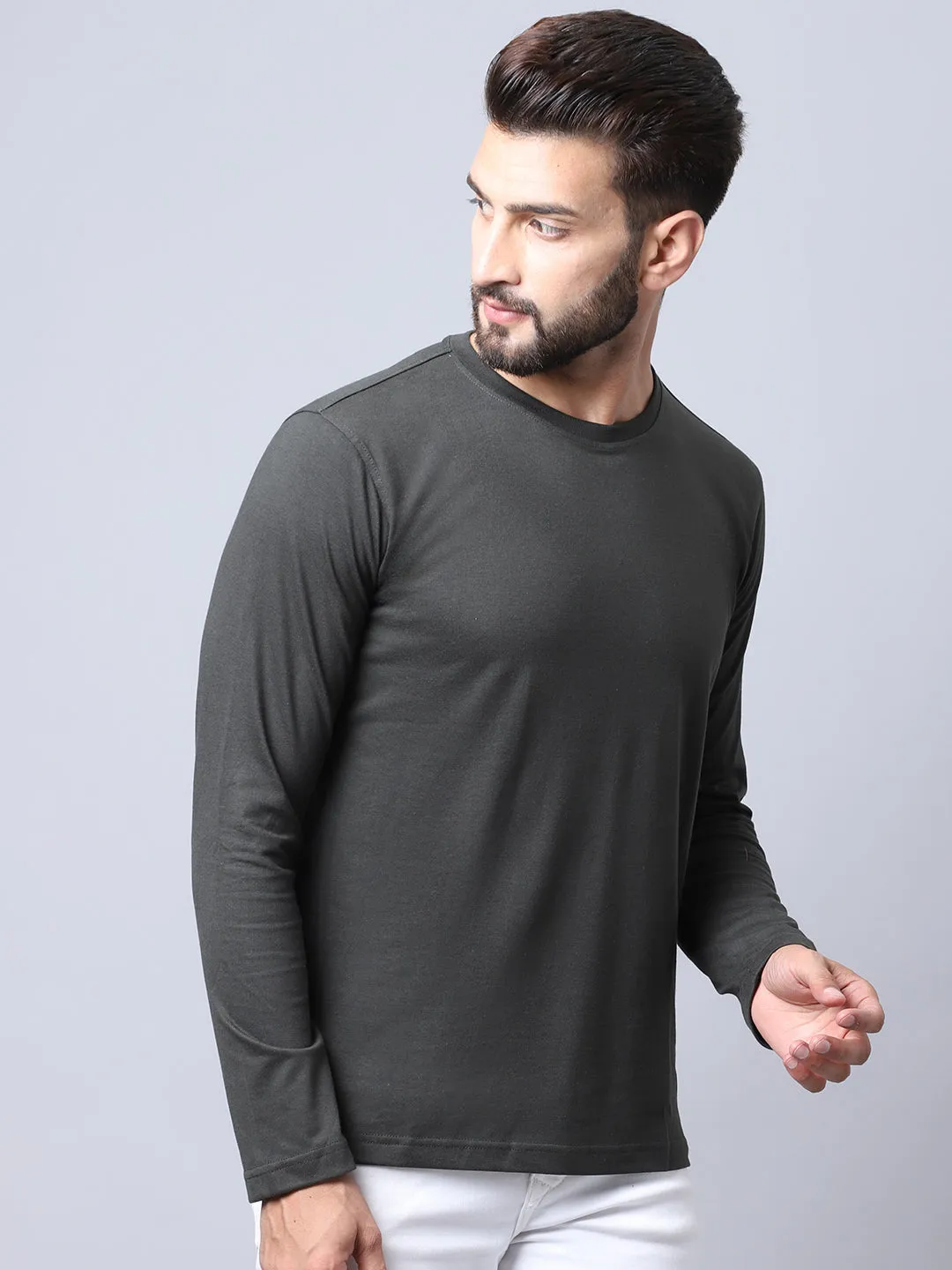 Men Round Neck Full Sleeves Winter Wear Olive T-Shirt