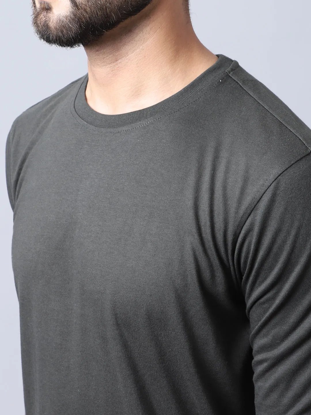 Men Round Neck Full Sleeves Winter Wear Olive T-Shirt