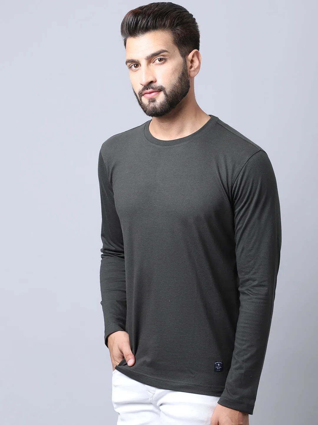 Men Round Neck Full Sleeves Winter Wear Olive T-Shirt