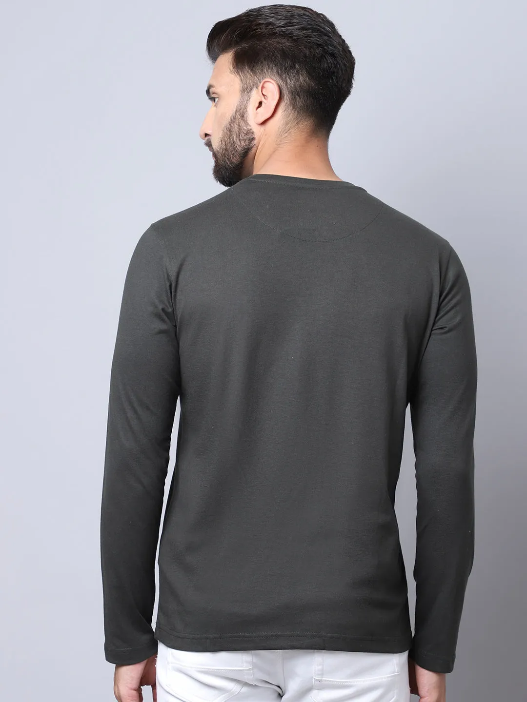 Men Round Neck Full Sleeves Winter Wear Olive T-Shirt