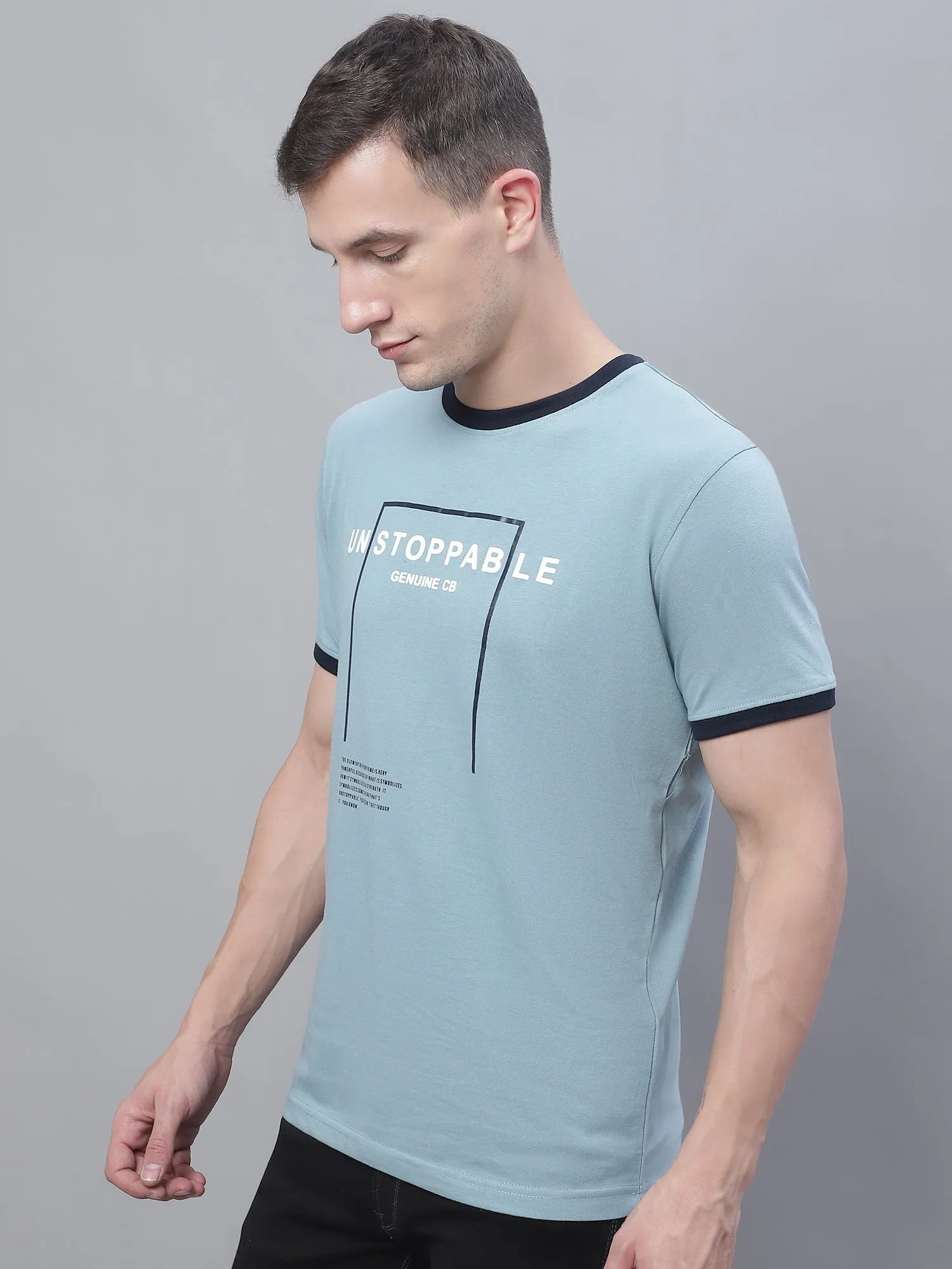 Men Teal Blue Round Neck T-Shirt