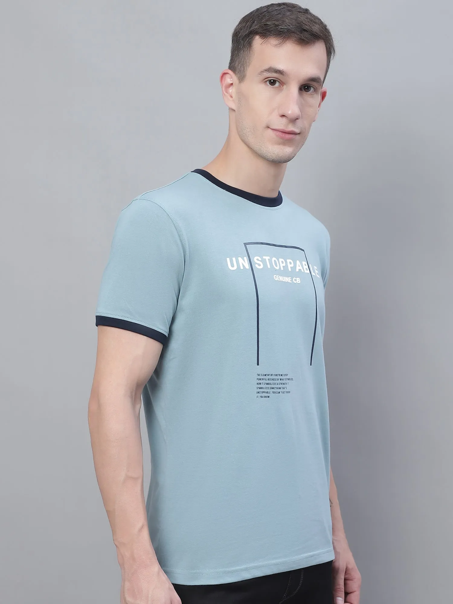 Men Teal Blue Round Neck T-Shirt