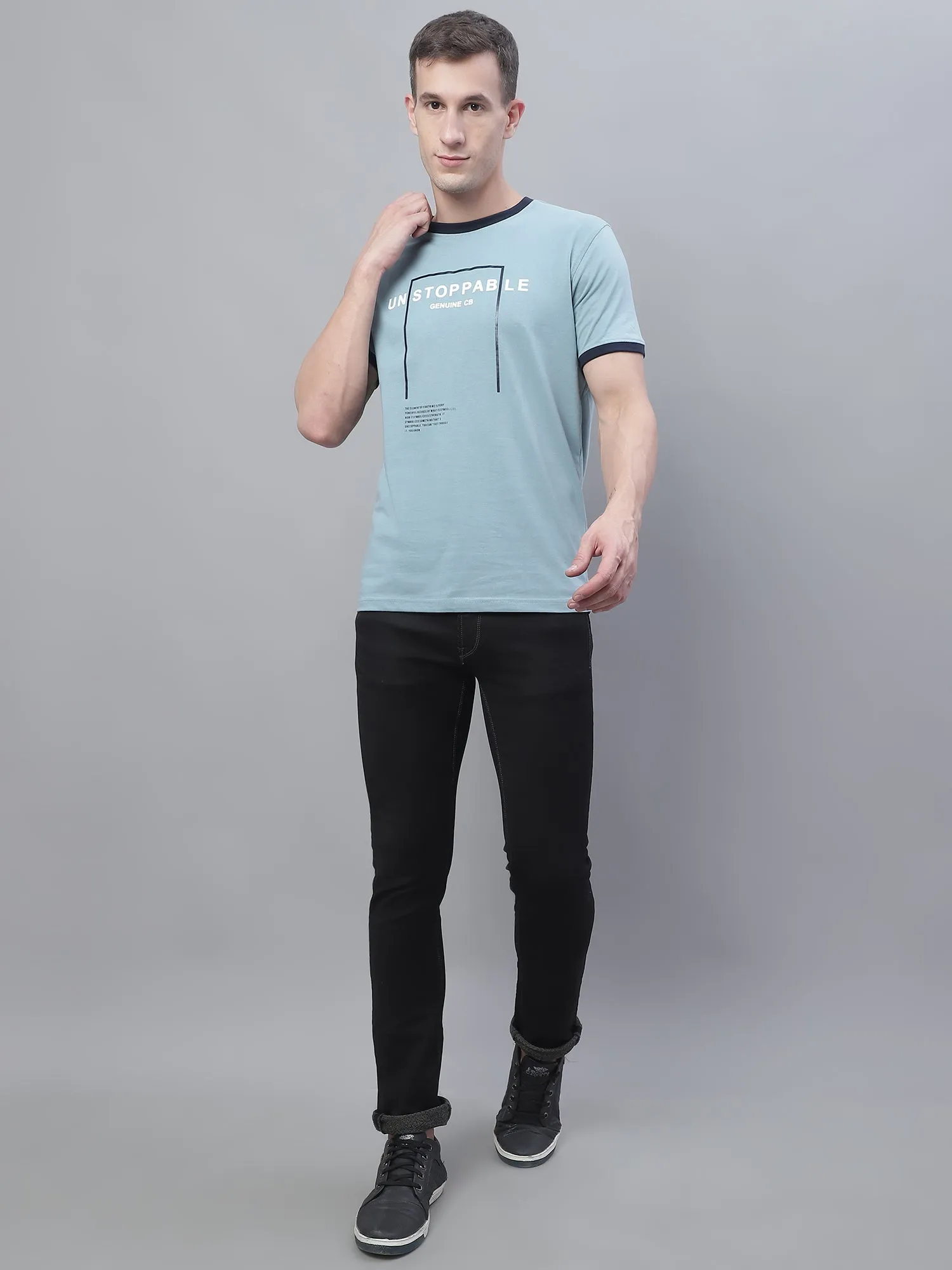 Men Teal Blue Round Neck T-Shirt