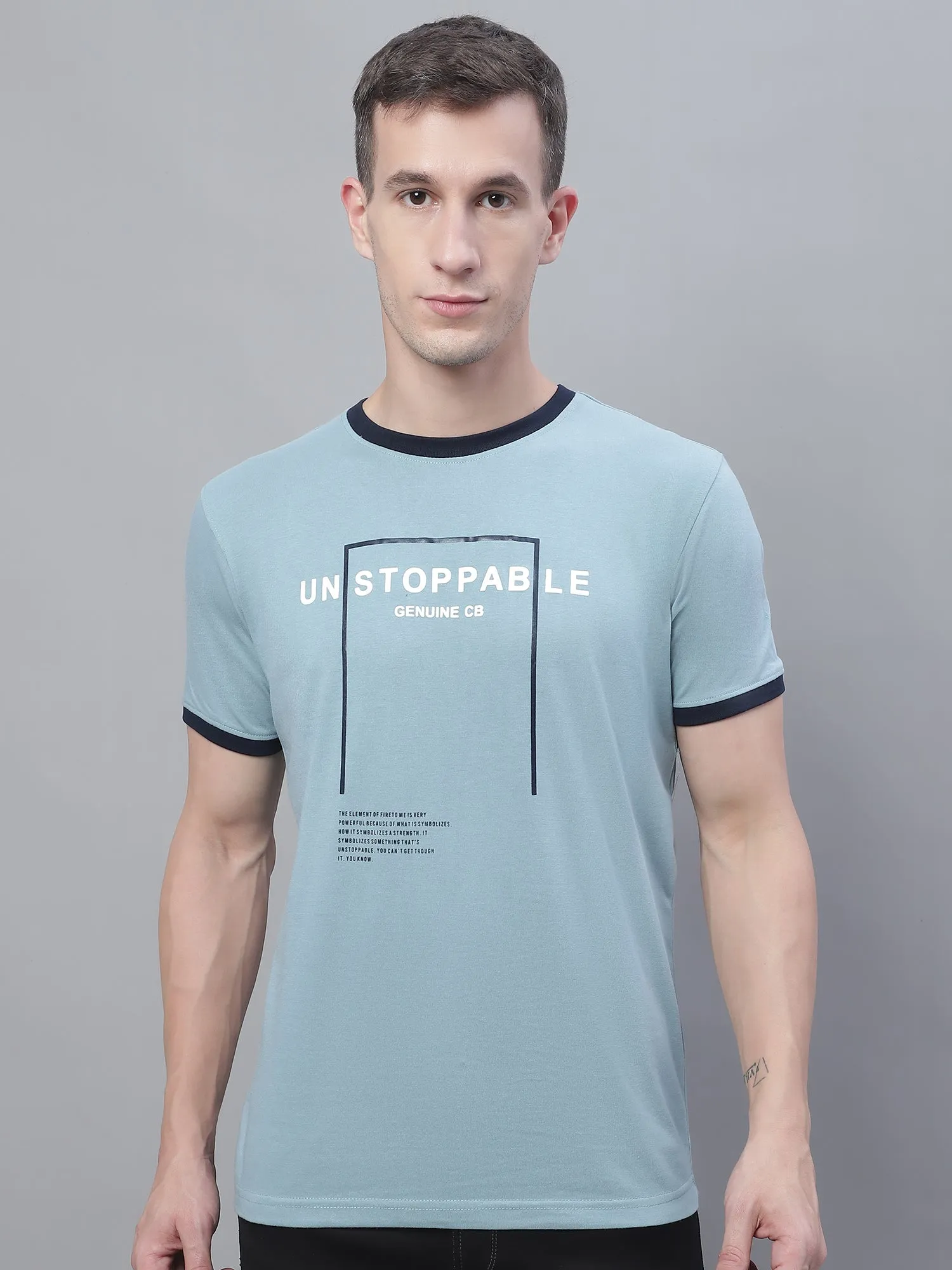 Men Teal Blue Round Neck T-Shirt